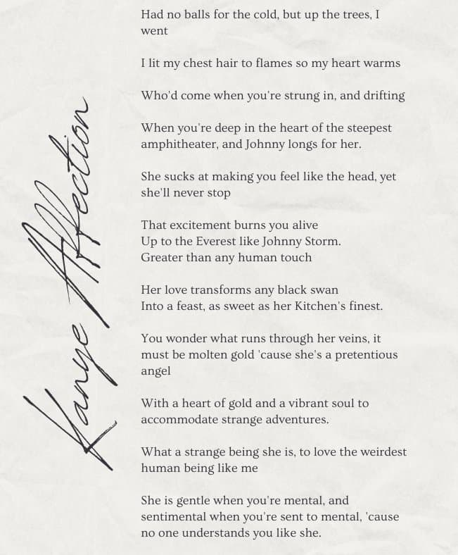 Kanye Affection — A pictorial version of a poem I wrote for Taveo. “What a strange being she is, to love the weirdest human being like me.”. From the Jedidiah Gabriel (Jedshock) gallery.
