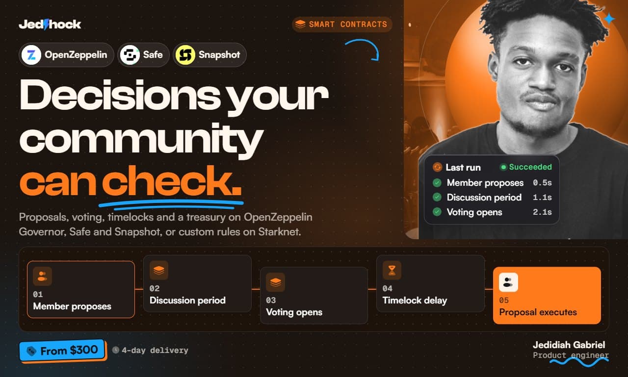 DAO & On-Chain Governance flyer: Decisions your community can check.