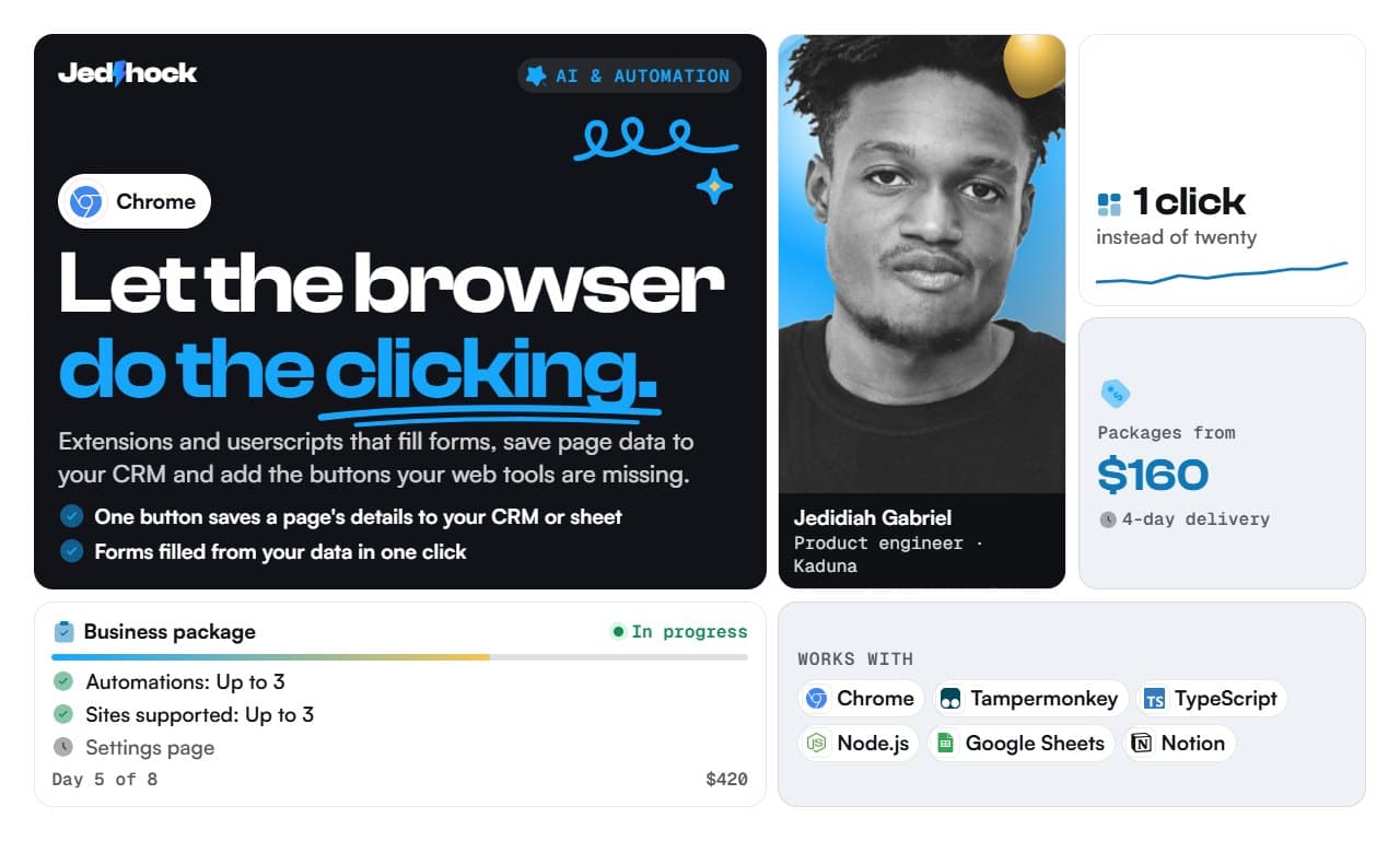 Chrome Extension & Browser Automation: I will build a Chrome extension that automates your repetitive browser work