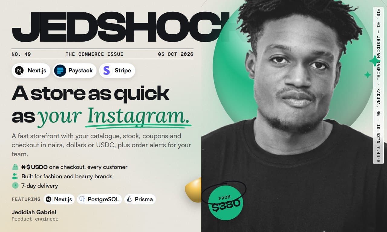 Next.js Ecommerce Store flyer: A store as quick as your Instagram.