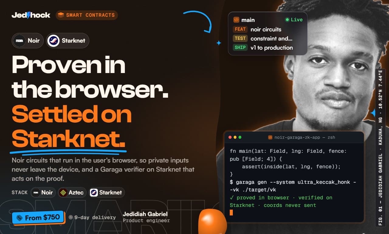 Browser ZK Proofs with Noir & Garaga flyer: Proven in the browser. Settled on Starknet.