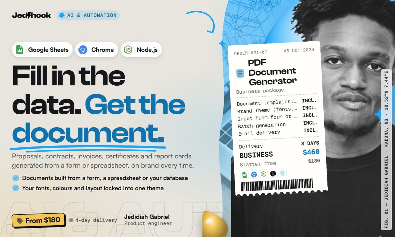 PDF Document Generator flyer: Fill in the data. Get the document.