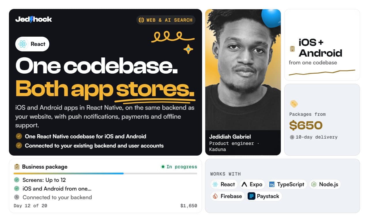 React Native Mobile App flyer: One codebase. Both app stores.