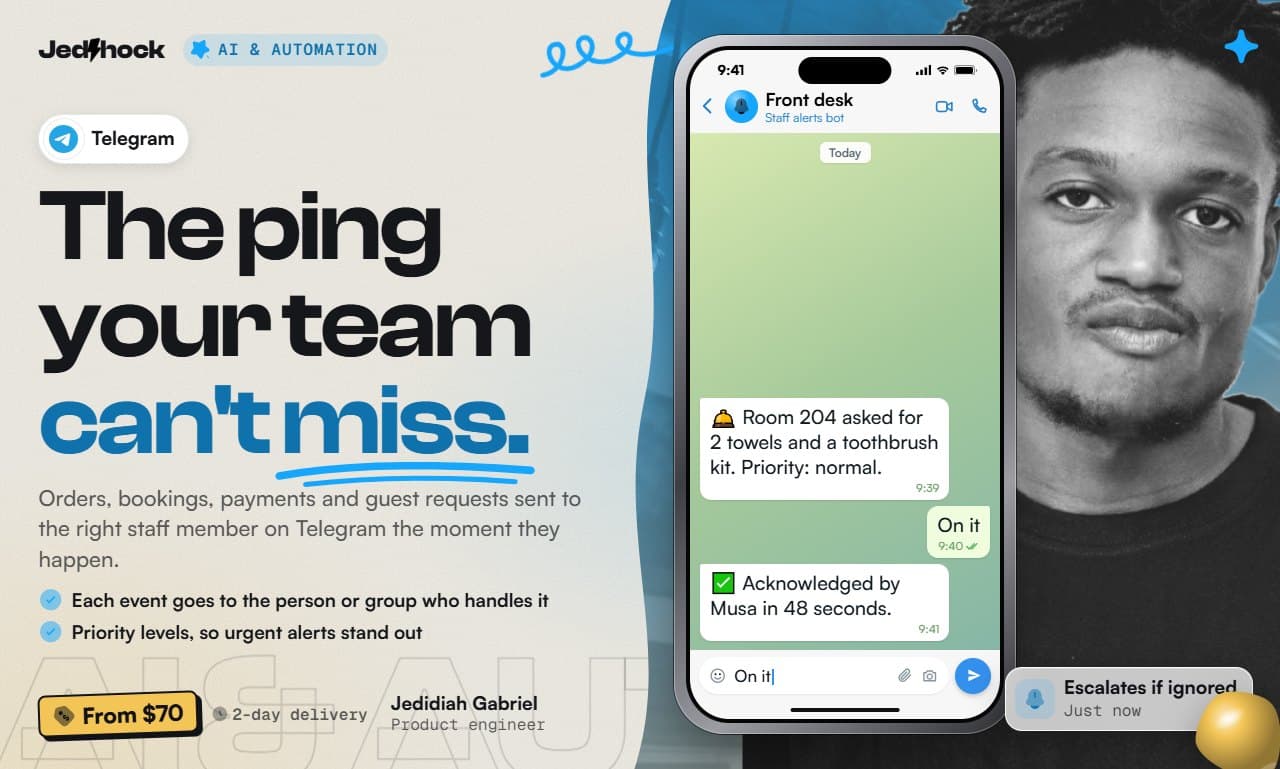 Telegram Alert Bot flyer: The ping your team can't miss.