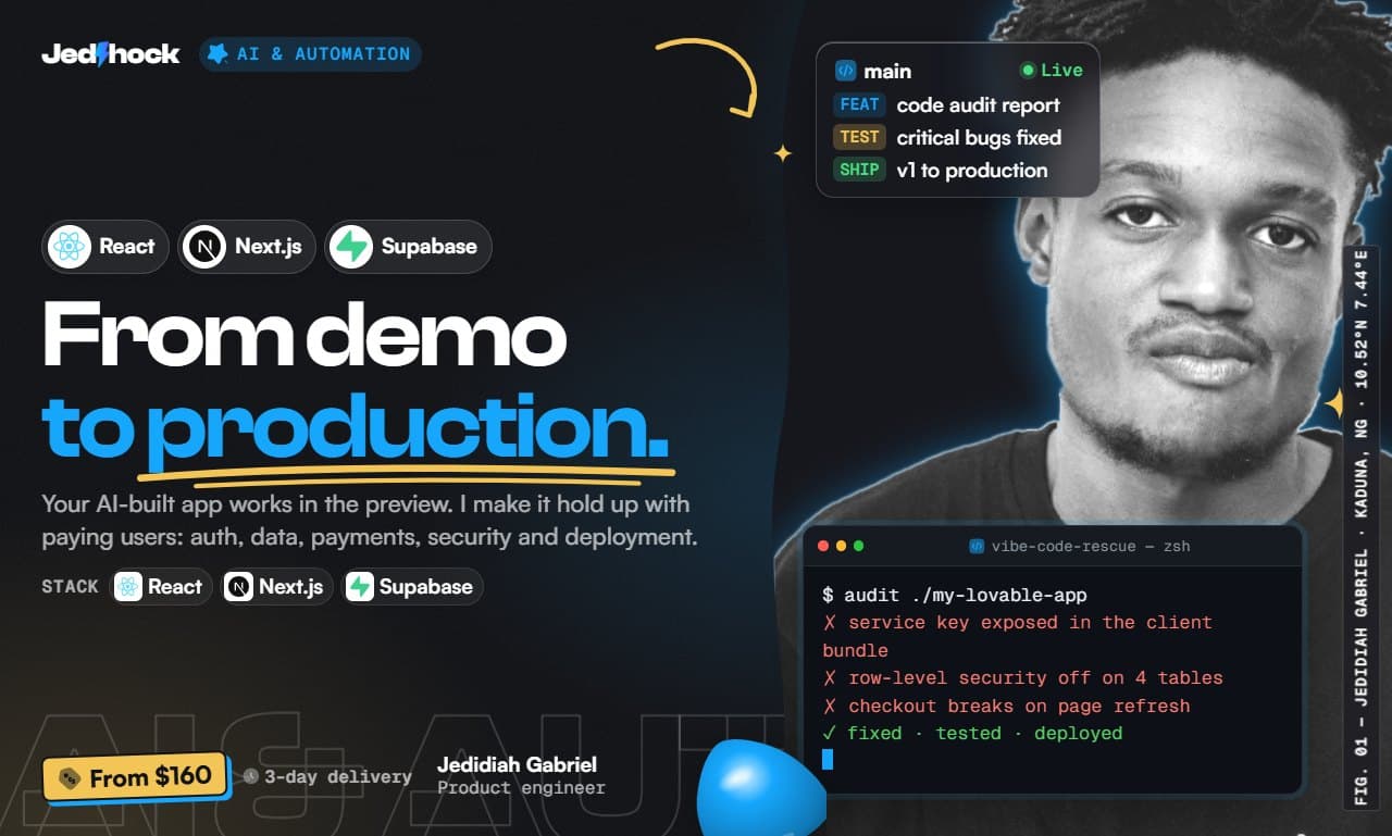 Vibe-Code Rescue flyer: From demo to production.