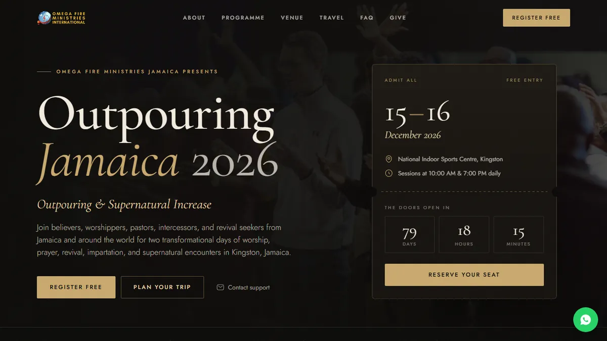 Outpouring Jamaica 2026 event website for Omega Fire Ministries